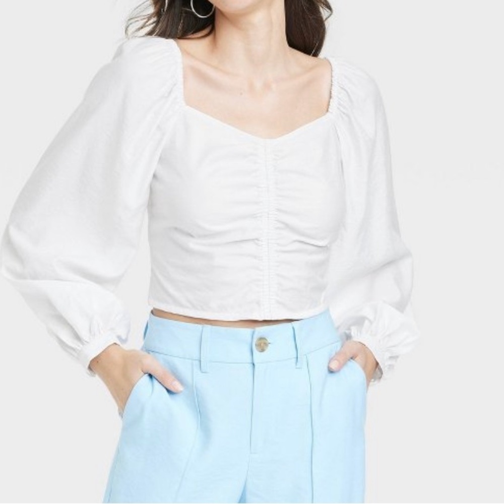 Women’s Long Balloon Sleeve Slim Fit Ruched Front Top – A New Day – Size Small